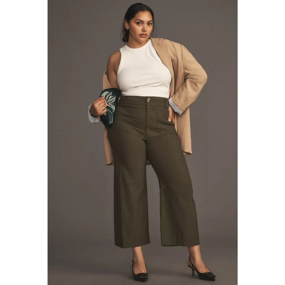 ANTHROPOLOGIE Plus Military Green Colette Linen Blend Wide Leg Pants Sz 24W - Picture 2 of 12